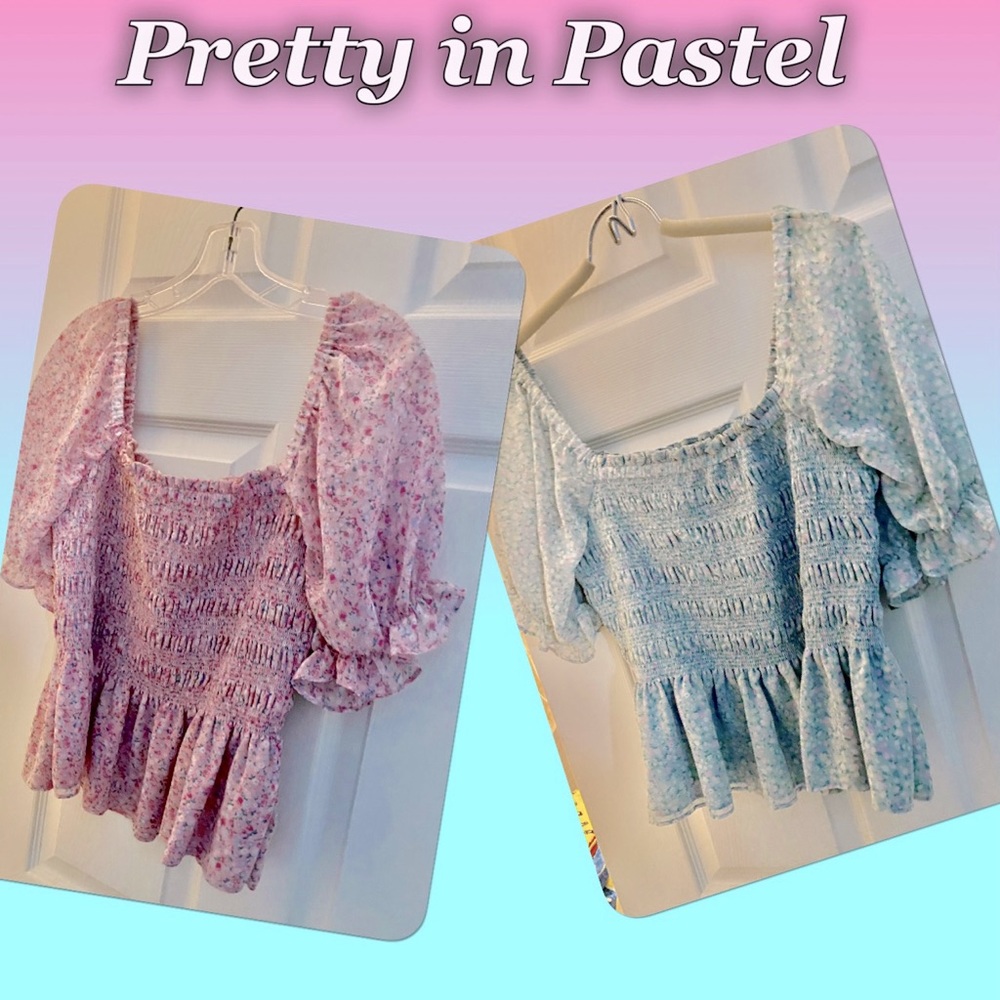Leyden shirred tops. Pink with tiny flowers. Aqua/mint with tiny flowers.